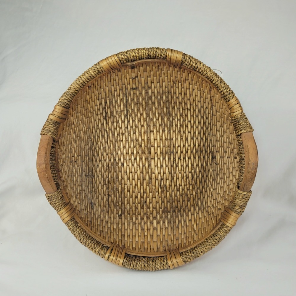 Vintage Round Woven Wicker Basket with Wood Handles Rustic Boho Decor 14in
